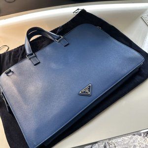 Prada Saffiano Travel Leather Briefcase / Tote - Blue - With Dust Bags & Tags